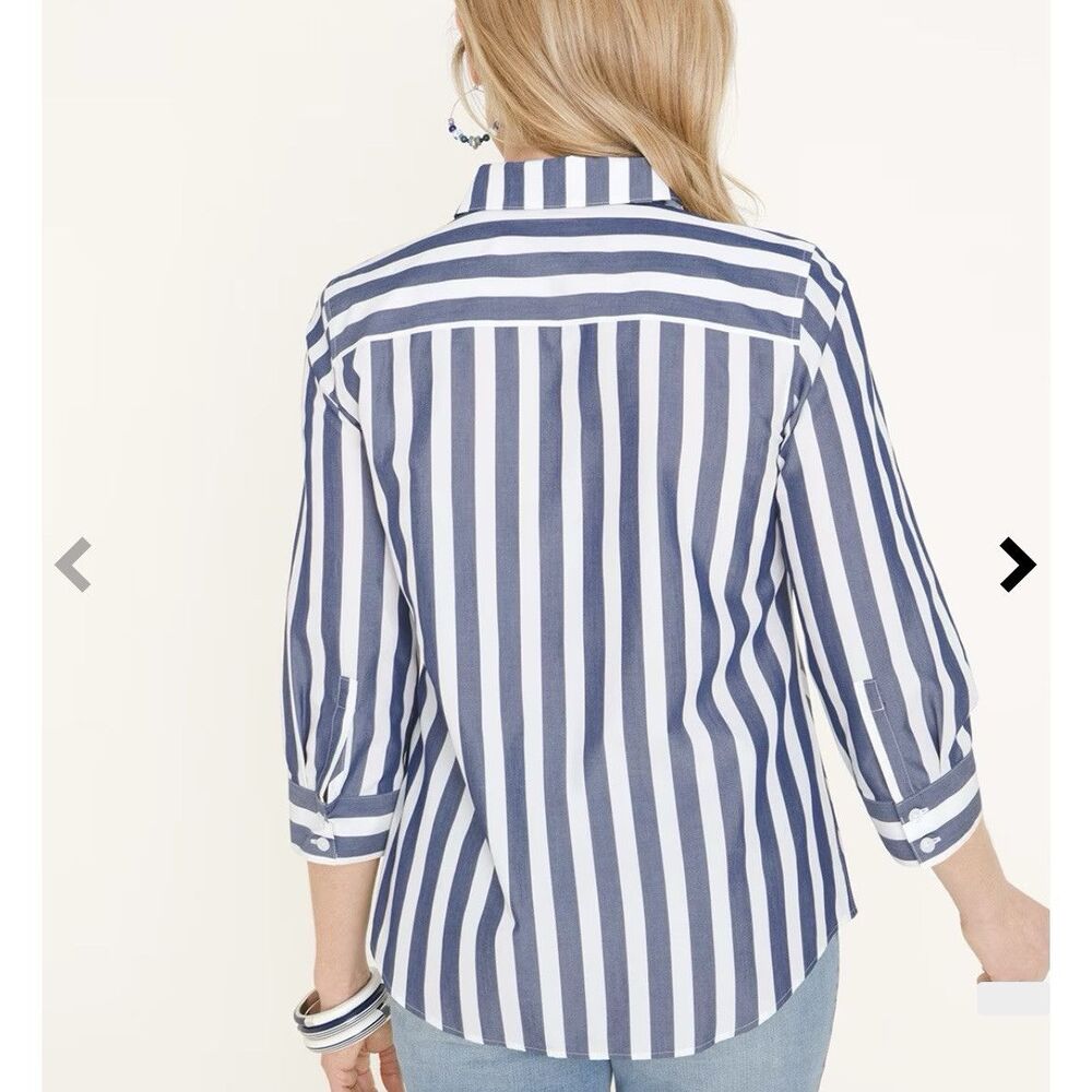 Chico’s No-Iron Cotton Striped Stain Shield Shirt Navy & White Striped Size 4/6 - Picture 3 of 8